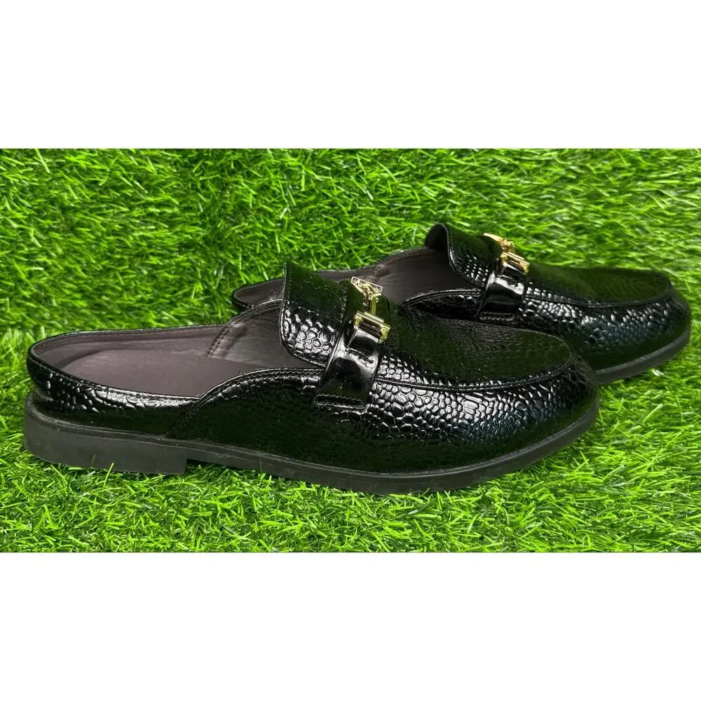 Mens EU 45 US 11.5 Black Crocodile Embossed Patent Gold Bit Dress Loafer Shoes